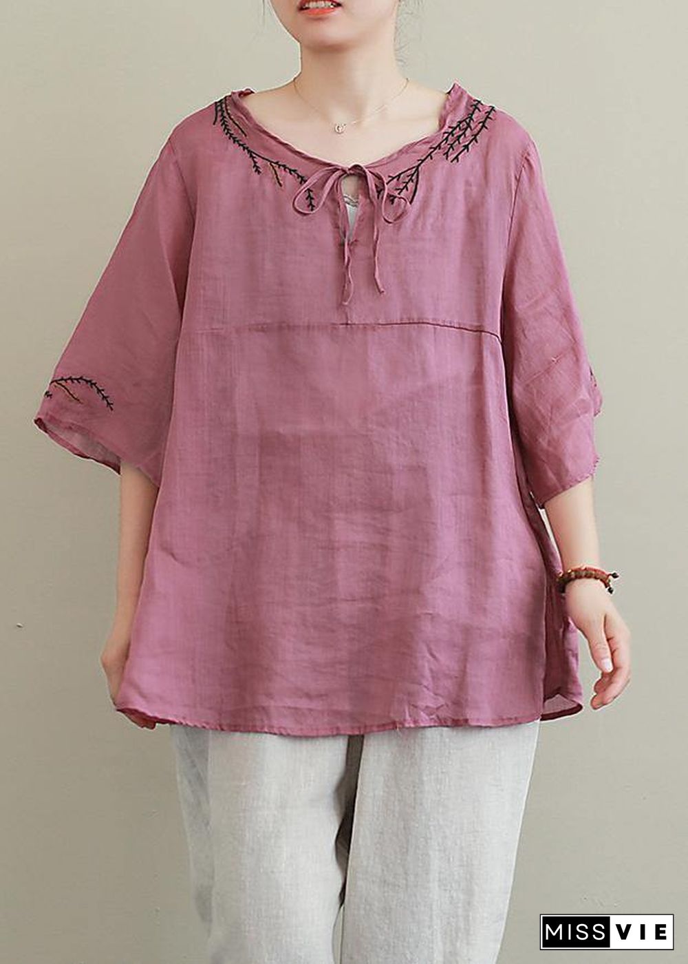 French purple embroidery linen Blouse o neck Midi shirts