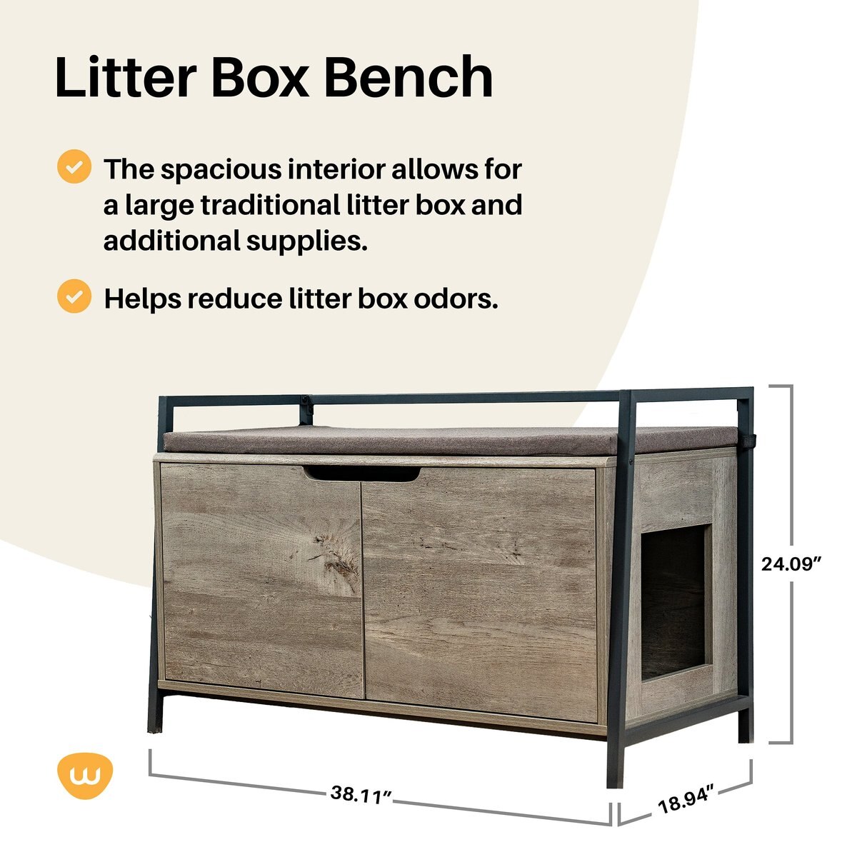 Whisker Litter Box Bench Cat Furniture， Gray， Large