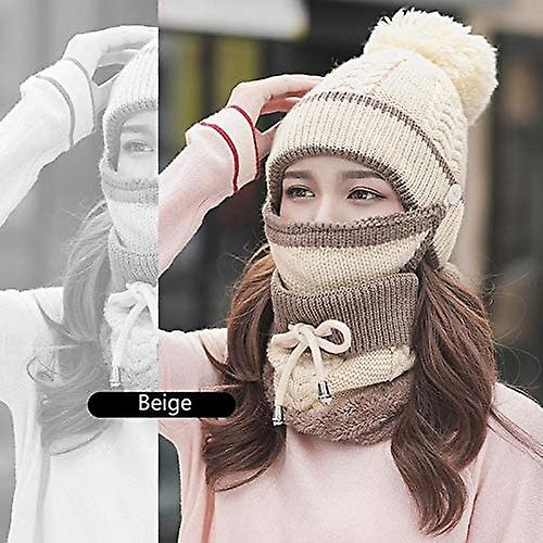 3pcs/set Fashion Women Winter Knitted Hat Thickened Woolen Cap With Warm Mask And Neck Scarf Beige -