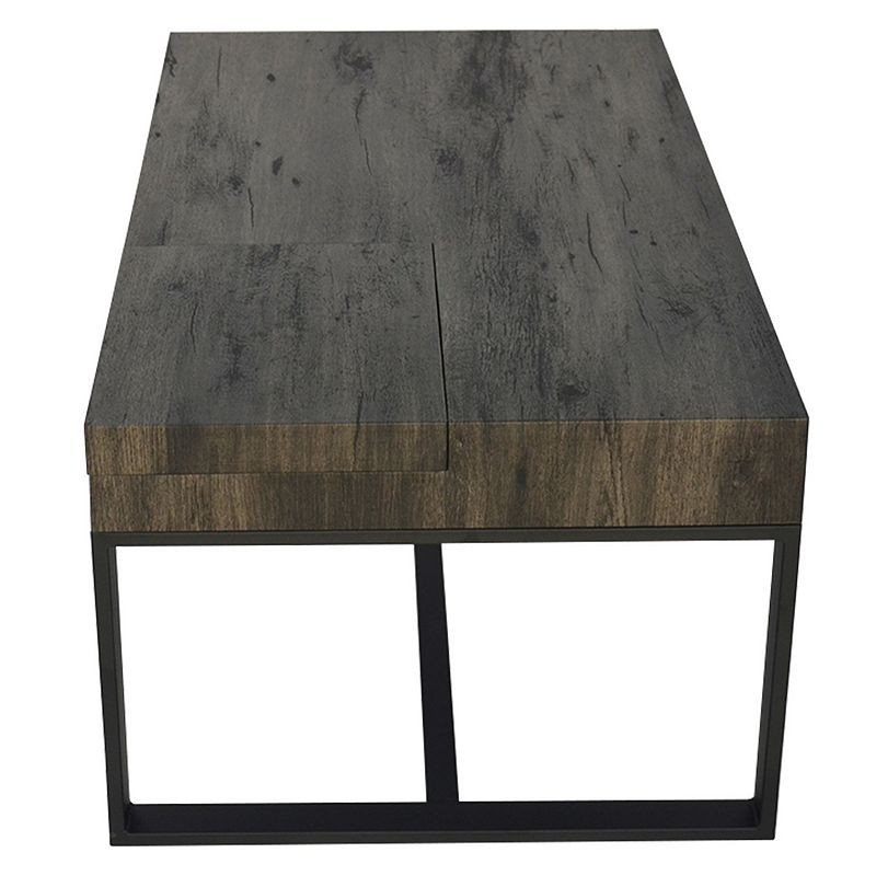 Rectangular Wooden Coffee Table with Hidden Storage and Metal Sled Base， Gray and Black