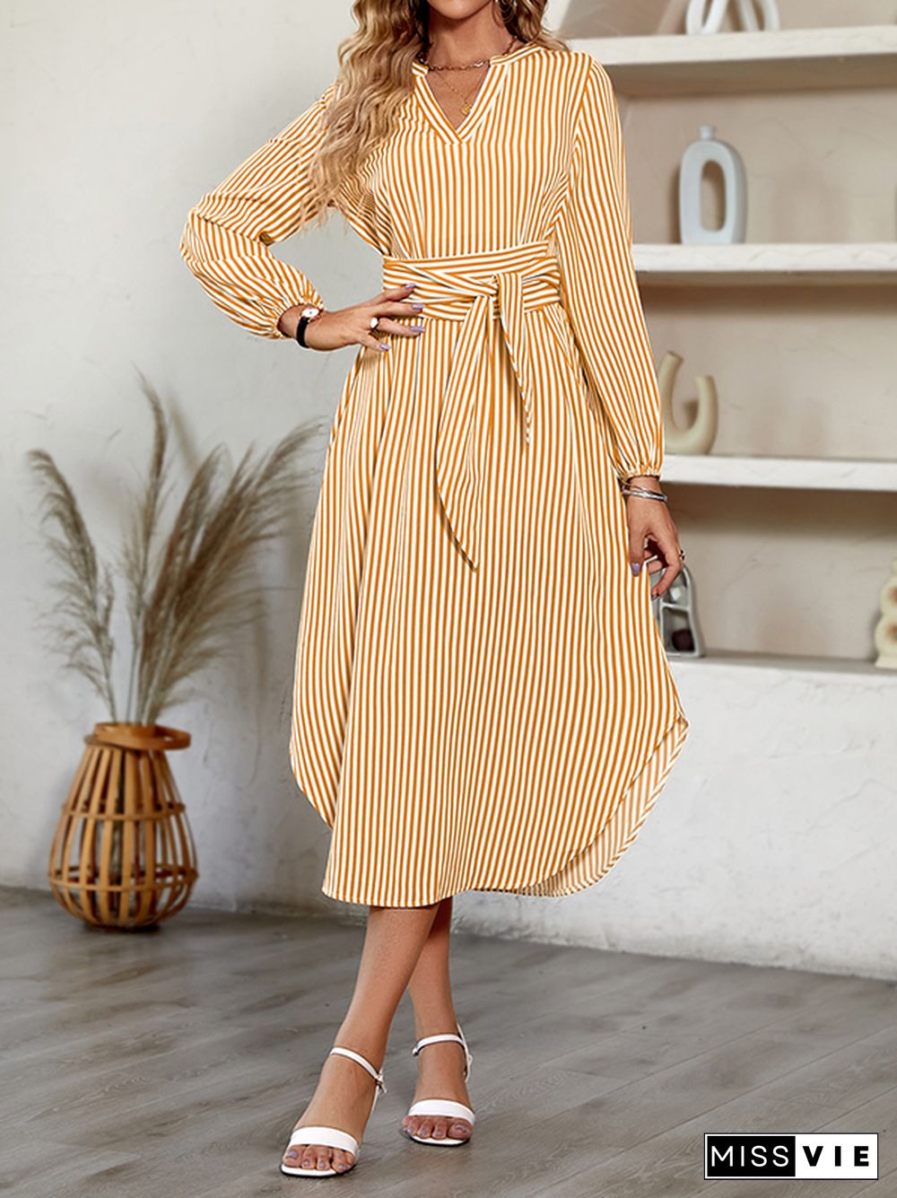 A-Line Long Sleeves Striped Tied Waist V-Neck Midi Dresses Shirt Dress