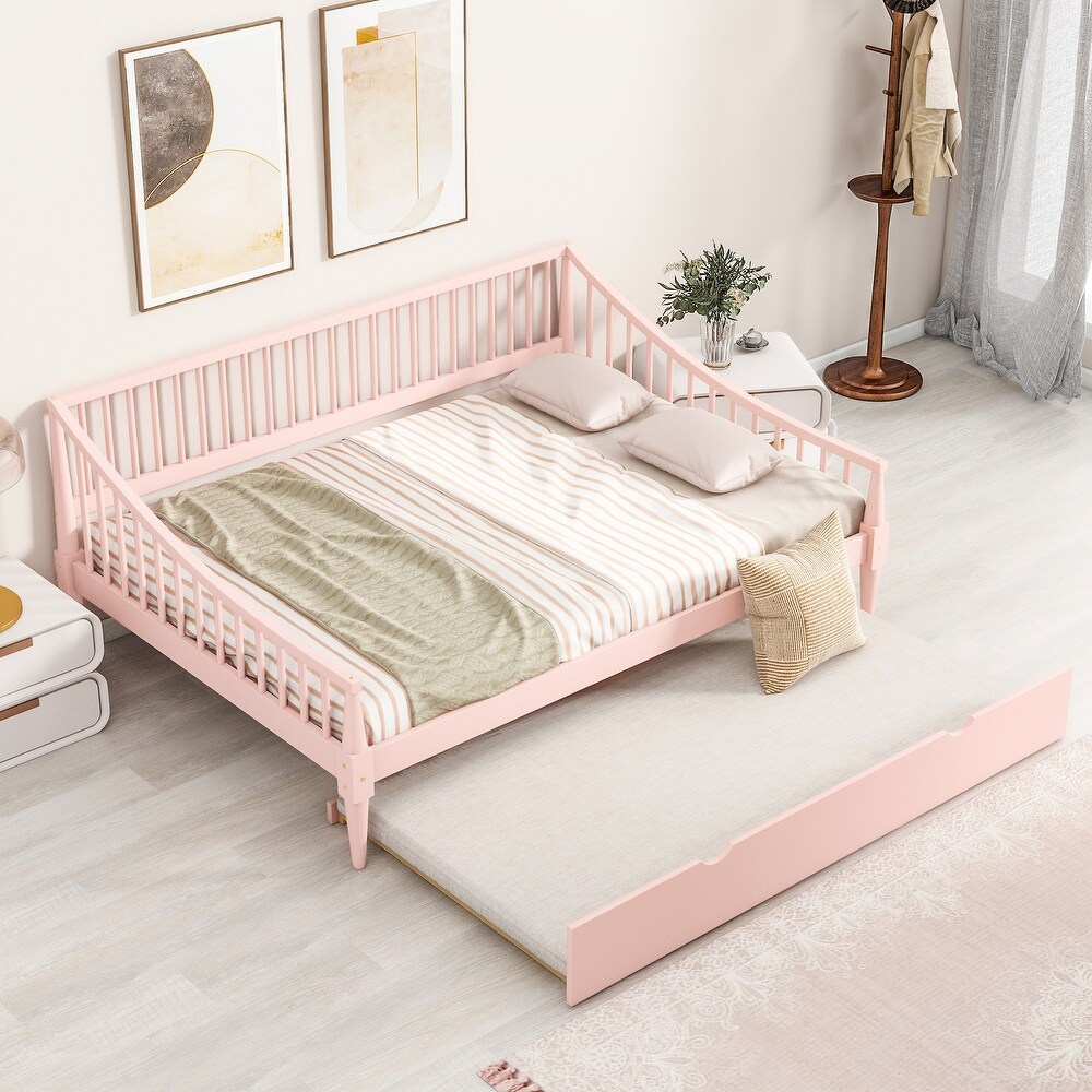 Pink Full Size Daybed Wood Bed Frame with Pull Out Trundle Bed