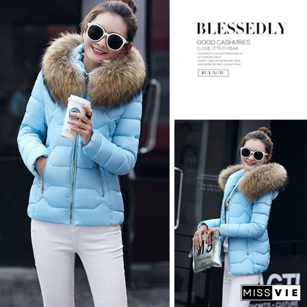 Autumn Winter New Fashion Women Short Coat Cotton-Padded Jacket Large Size Hooded Jacket Warm Cotton Female Fur Collar Hoody Parka Xs-Xxxl