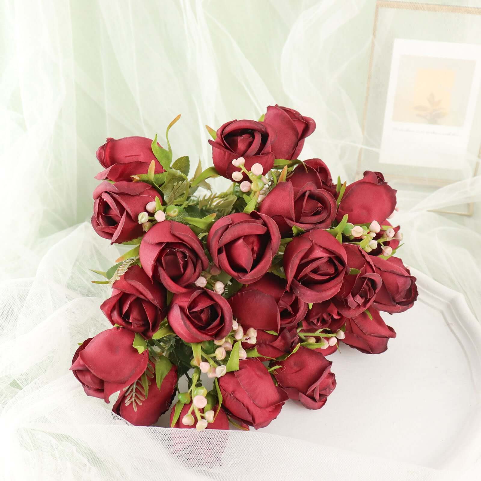 3 Pack Burgundy Real Touch Artificial Rose Bud Flower Bridal Bouquets, Silk Floral Bush Arrangements 13