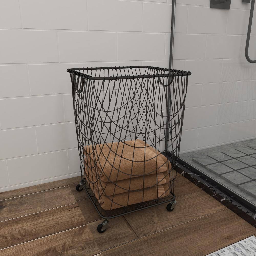 CosmoLiving by Cosmopolitan Black Deep Set Metal Mesh Laundry Basket Storage Cart with Wheels and Handles 29021