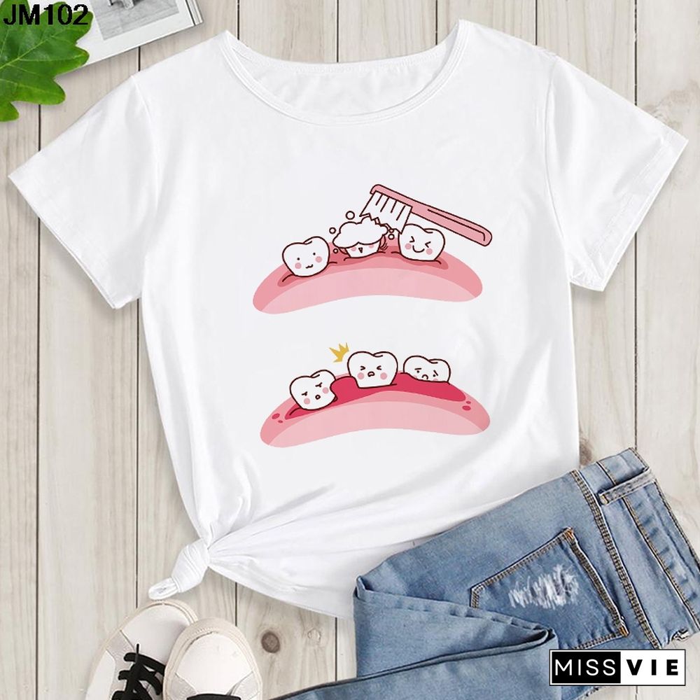 Aesthetic Funny Tooth Dentist Print Female Clothing T-shirt 90s Harajuku Kawaii O-neck Tshirt Summer Fashion Women's Top T Shirt