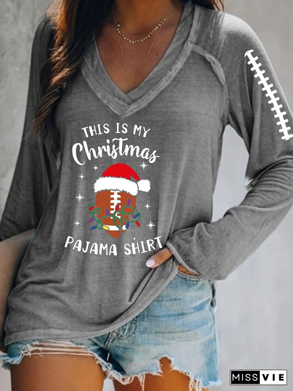 Women's Football Christmas This Is My Christmas Pajama Print V-Neck T-Shirt