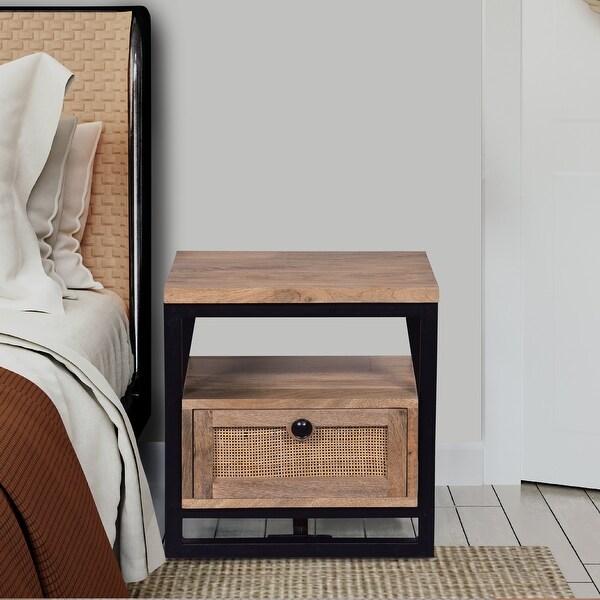 18 Inch Nightstand End Table， 1 Drawer， Open Storage， Natural Brown Mango Wood with a Rectangular Black Iron Frame