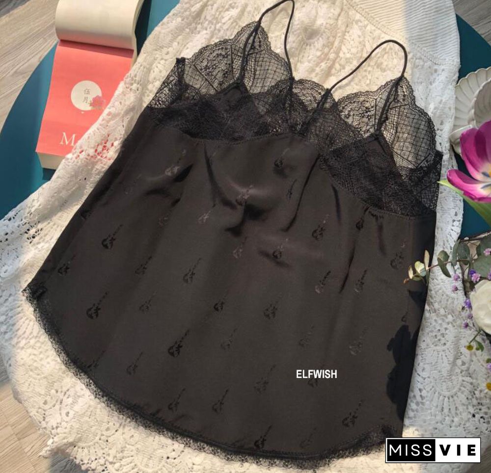 Summer Woman 100% Silk Black Camisole Lace Embroidered V Neck Thin Strappy Vest Top High Quality