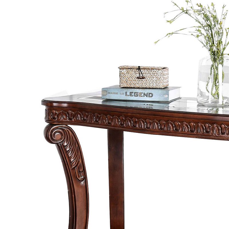 Traditional Sofa Table with Cabriole Legs and Wooden Carving， Brown