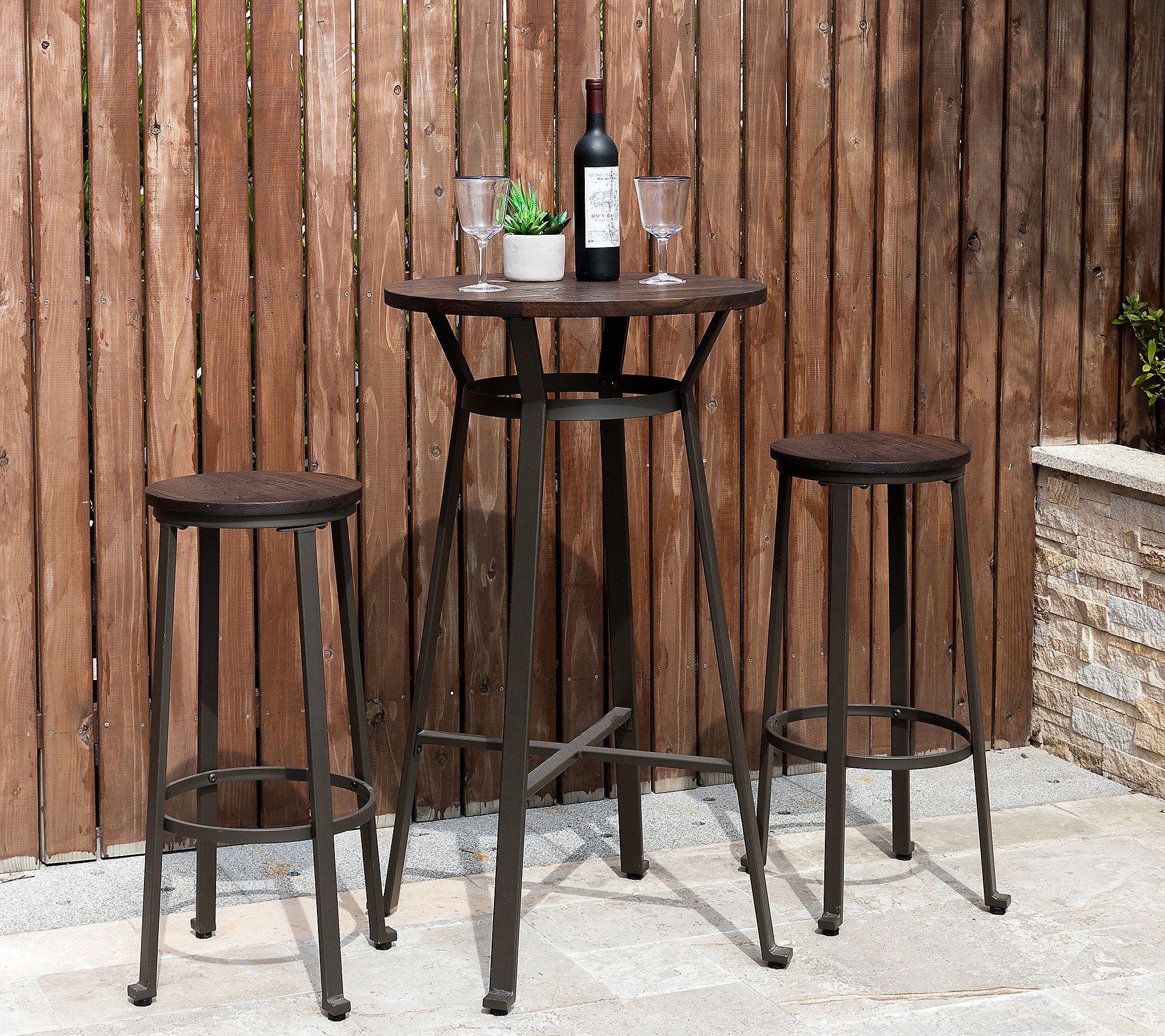 Glitzhome Rustic Steel Bar Table with Elm WoodRound Top