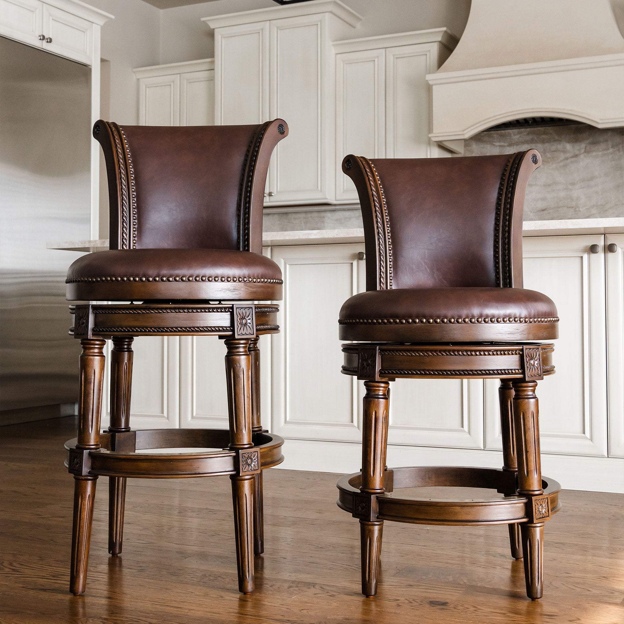 Maven Lane Pullman Swivel Kitchen Counter Stool 25H， Dark Walnut， Set of 2