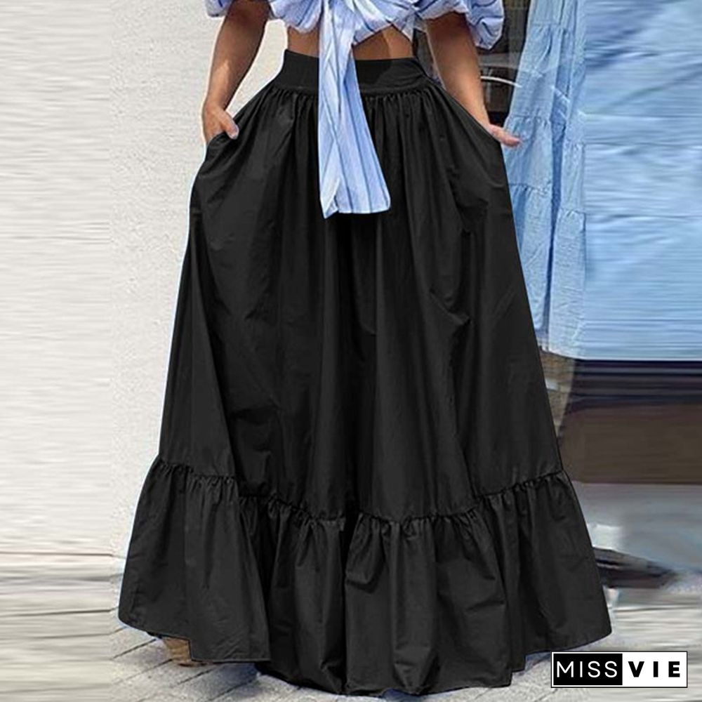 Women Umbrella Long Skirt Dress High Waist Ruffle Hem Casual Pleated Maxi Skirts Plus Size