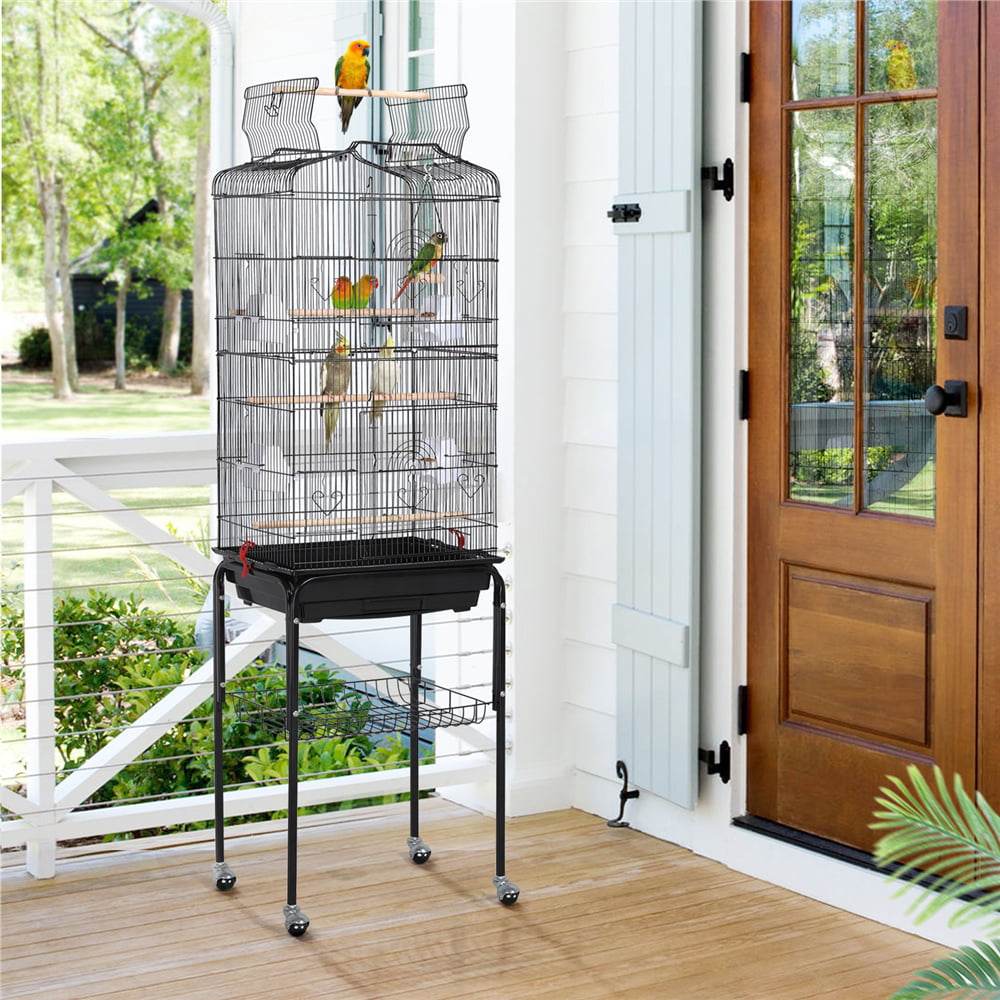 generic 64''H Open Top Metal Bird Cage Large Parrot Cage w/ Double Doors and Rolling Stand for Budgie Parrot Canary Cockatiel， Black