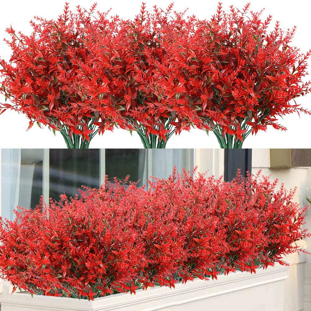 Sinhoon 8 Bundles Outdoor Artificial Lavender Fake Flowers UV Resistant Shrubs, Faux Plastic Greenery for Indoor Outside Hanging Plants Garden Porch Window Box Home Wedding Farmhouse Decor (Red)