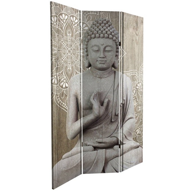 Double Sided Stone Buddha Canvas Room Divider Gray Oriental Furniture