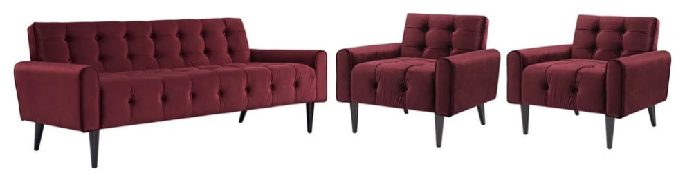 Elsie Maroon Living Room Set Performance Velvet Set of 3   Midcentury   Living Room Furniture Sets   by V.S.D Furniture  Houzz