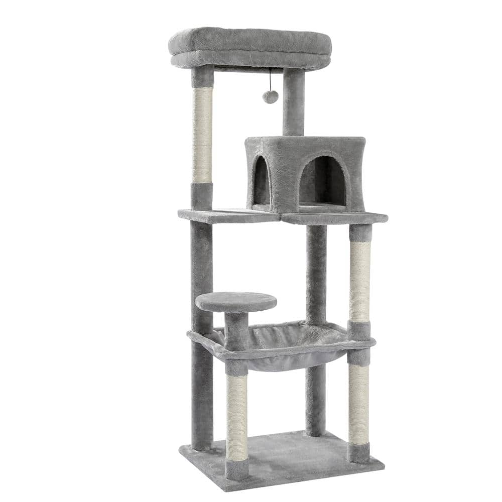 Foobrues 56.30 in. H Pet Cat Scratching Posts and Trees with Cozy Condo and Super Large Hammock in Gray LNN-P23168311