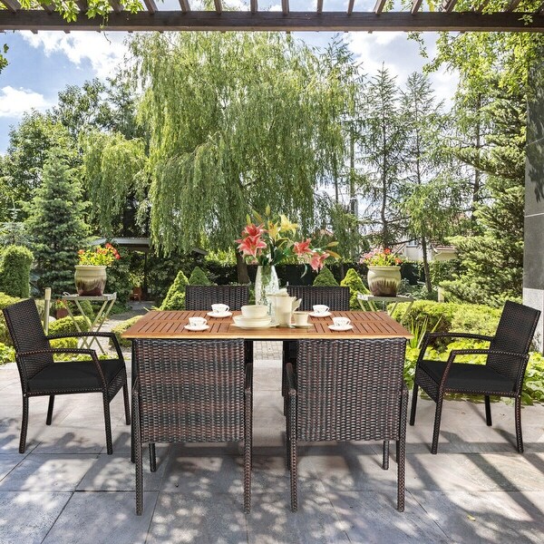 7Pcs Patio Rattan Cushioned Dining Set with Umbrella Hole