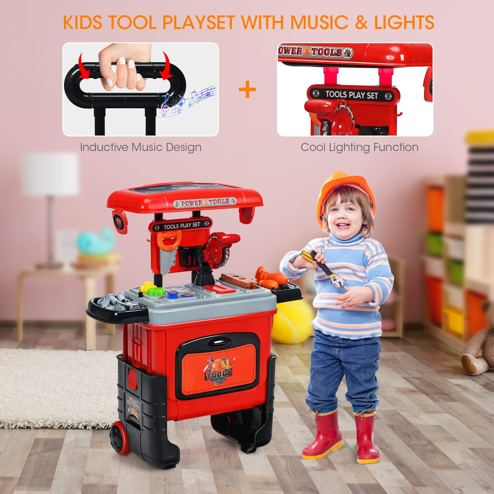 Costzon 2 in 1 Kids Tool Workbench Toy Set, Portable Construction Toy w/ Trolley Case Set for Toddlers