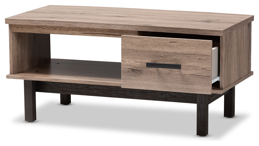 Randolph Two Tone Oak Brown and Black Wood 1 Drawer Coffee Table   Transitional   Coffee Tables   by Baxton Studio  Houzz