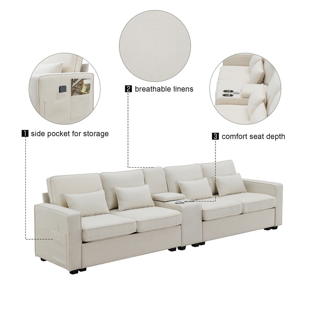 4 seat Linen Sofa Set Livingroom Couch w/ Pillows   USB Port   Pocket