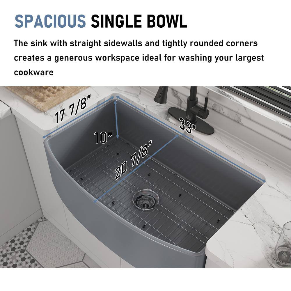 CASAINC 33 in. Farmhouse Apron Single Bowl Matte Gray Fireclay Curved Design Kitchen Sink with Bottom Grid and Strainer CA-SN3321-G