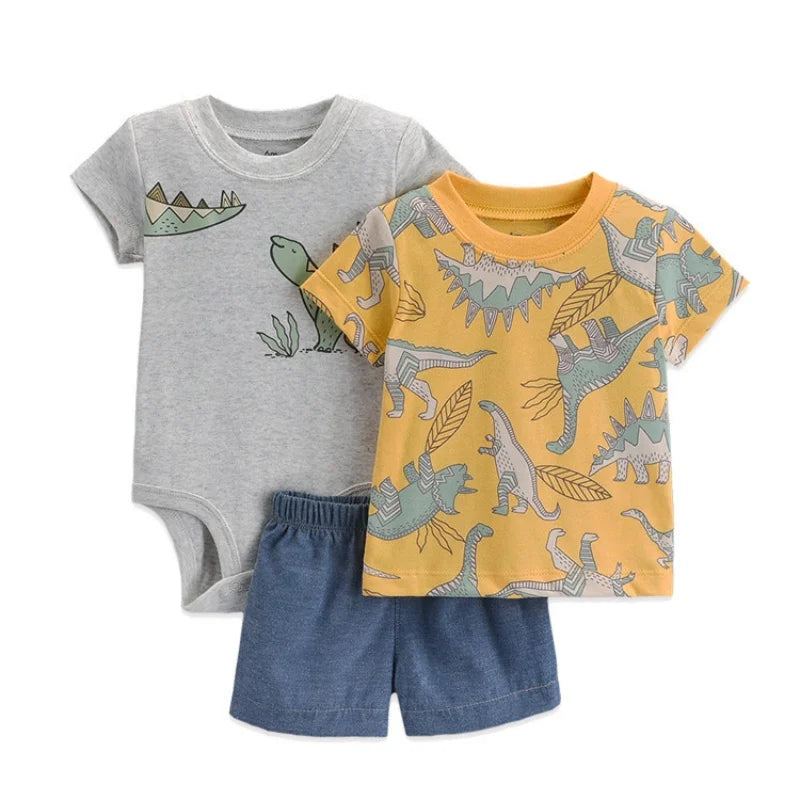 Summer Newborn Baby Boy Set 6-24M Cute Cartoon Dinosaur Cotton Clothing Short Sleeve+Shorts+jumpsuit Infant Clothes 3Pcs Outfits