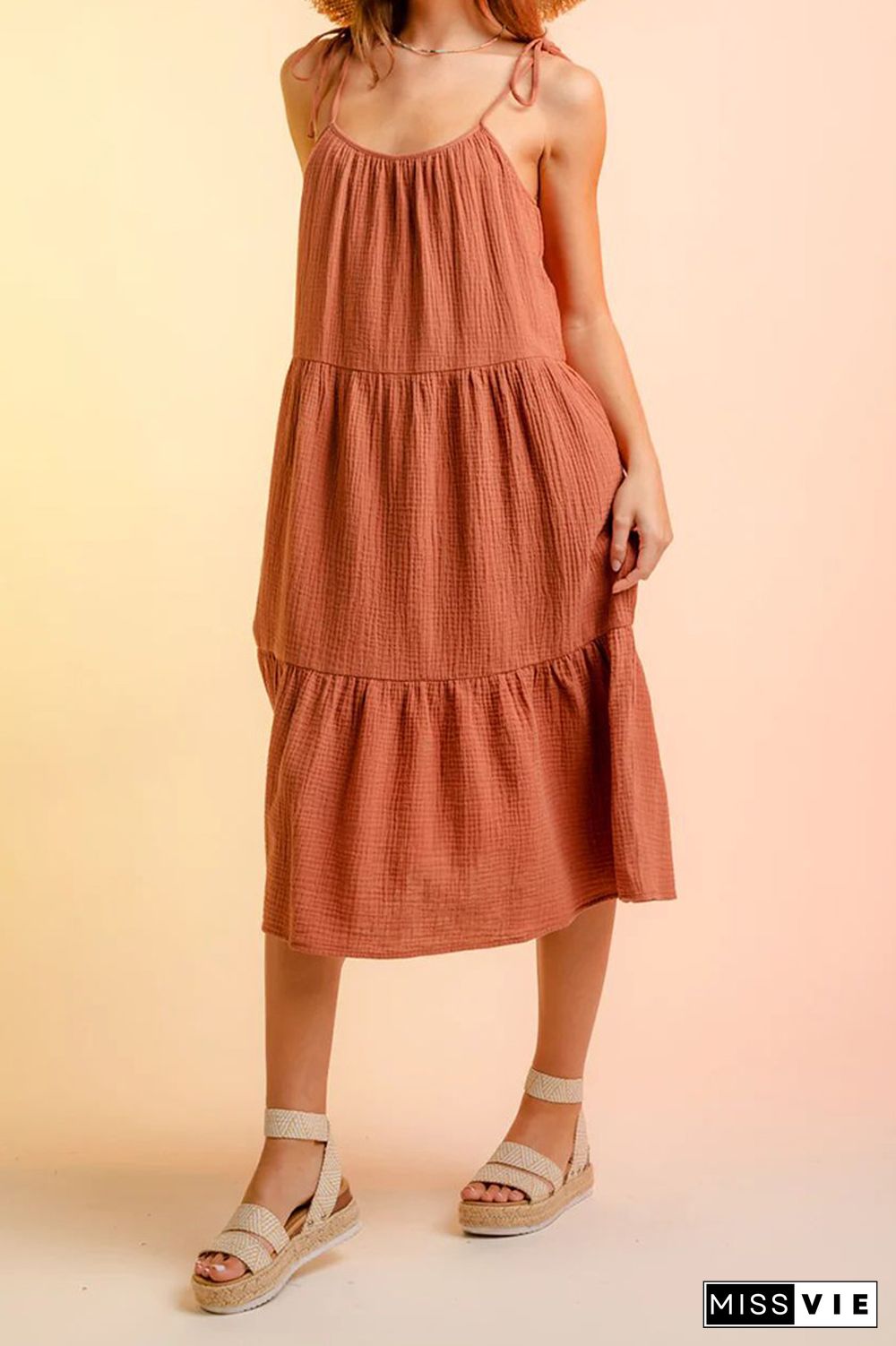 Plain Tie Cami Strap Tiered Midi Dress