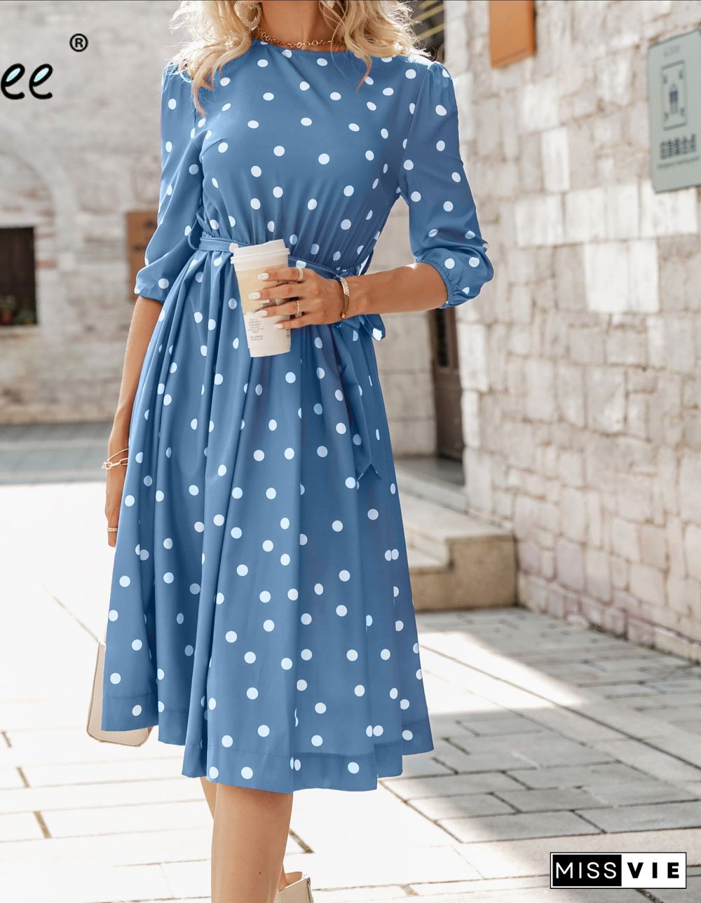 Elegant A-line polka dot women dress autumn Office lady o-neck belt women midi dresses Half sleeve female purple vestido