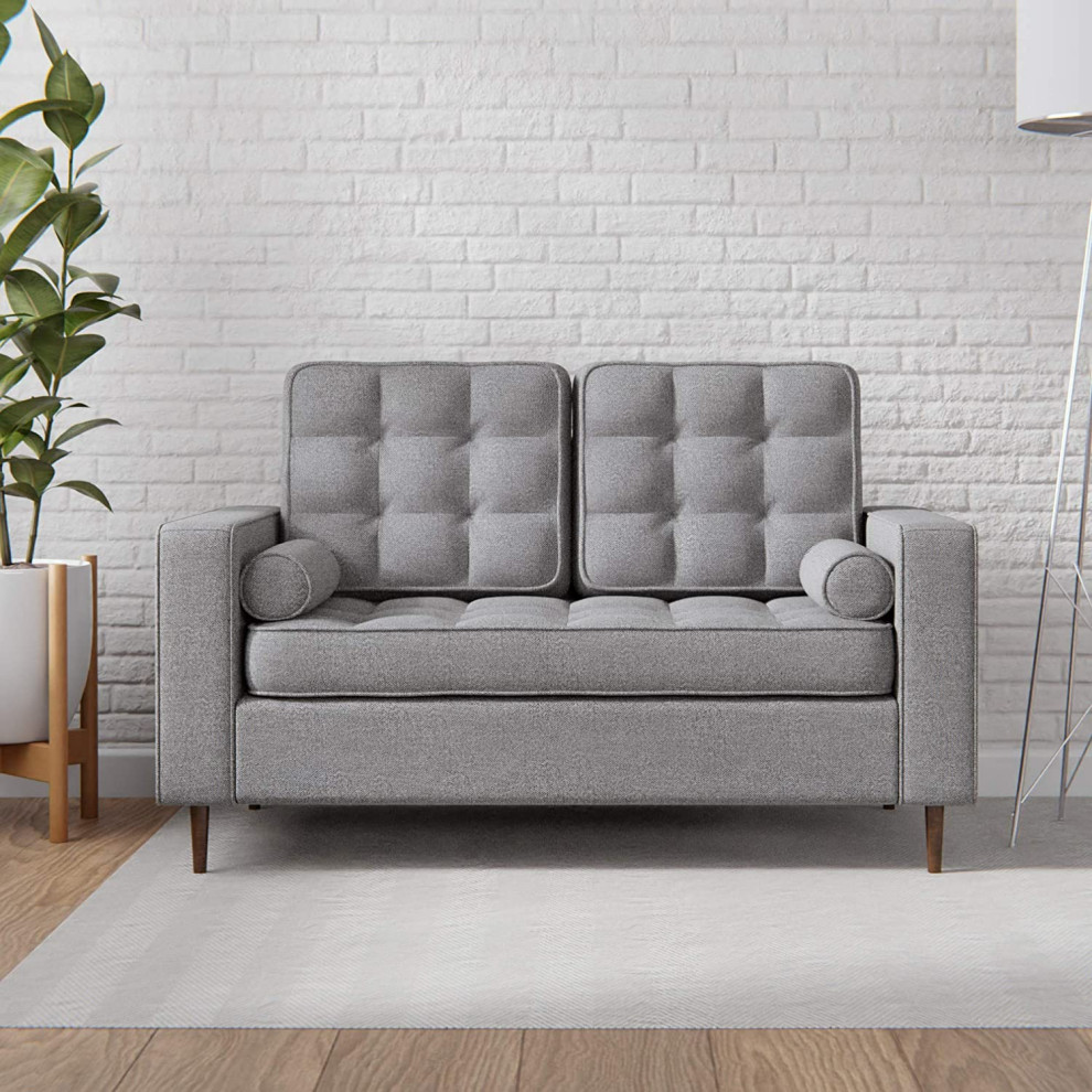 Modern Loveseat  Light Grey Tufted Upholstery With Removable Back Cushions   Midcentury   Loveseats   by Decorn  Houzz