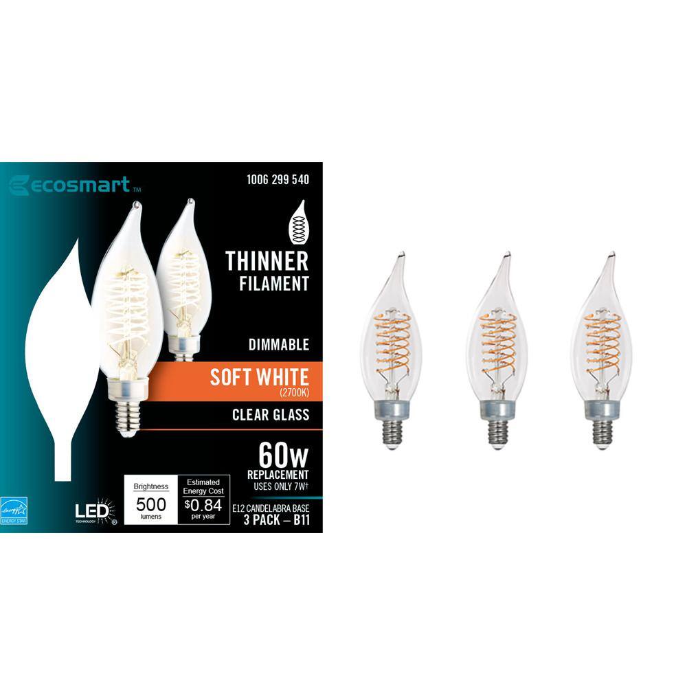 EcoSmart 60-Watt Equivalent BA11 Dimmable E12 Candelabra Fine Bendy Filament LED Vintage Edison Light Bulb Soft White (3-Pack) BA11C7E12827S