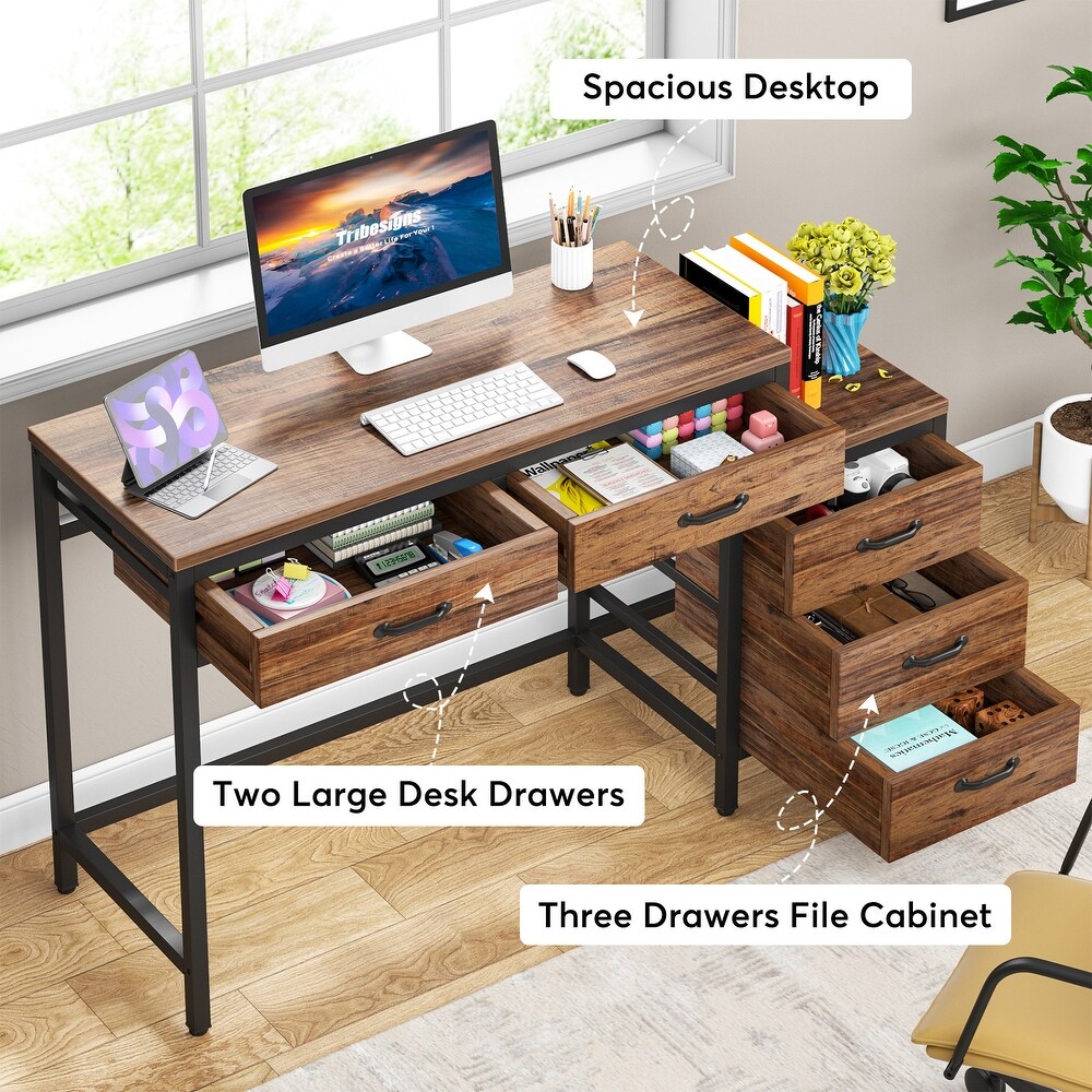 Reversible Computer Desk with 5 Drawers  Home Office Desk with File Cabinet Drawer Printer Stand