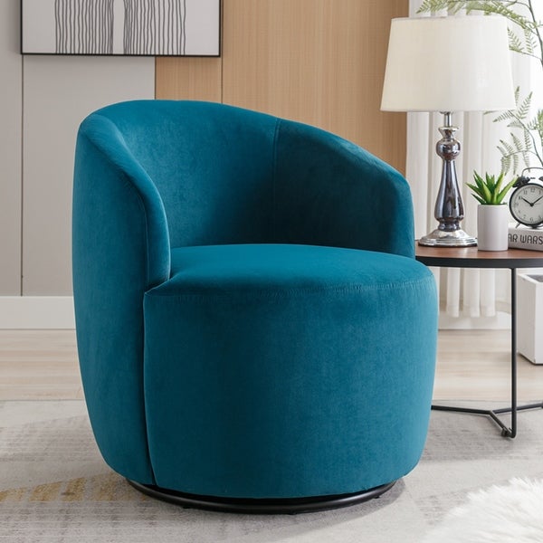 Velvet Fabric Swivel Accent Armchair Barrel Chair With Black Powder Coating Metal Ring