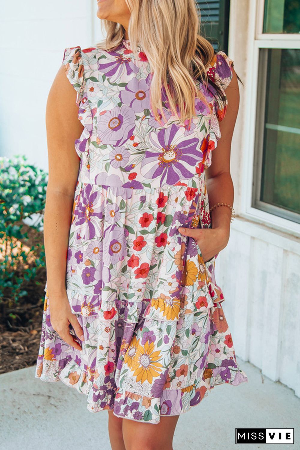 Purple White Ruffled Tank Floral Dress