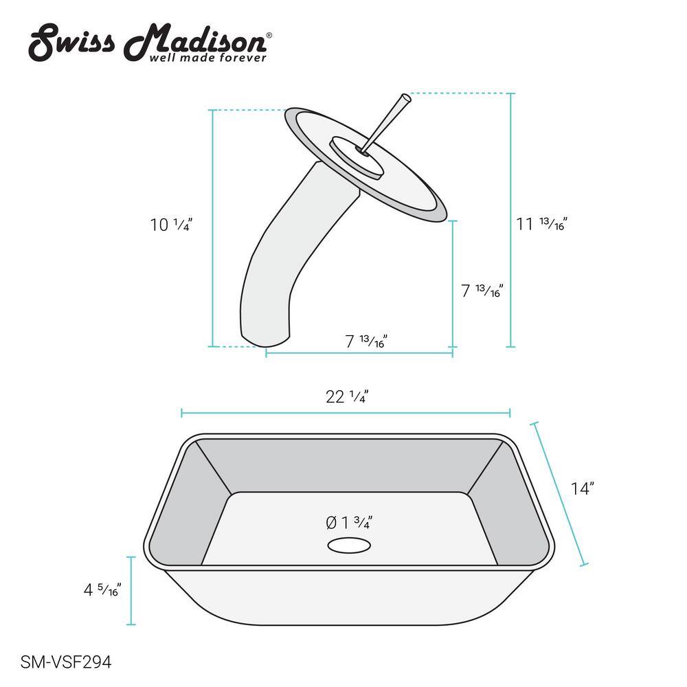 Swiss Madison Cascade Glass Rectangular Vessel Sink with Faucet in Smoky Grey SM-VSF294