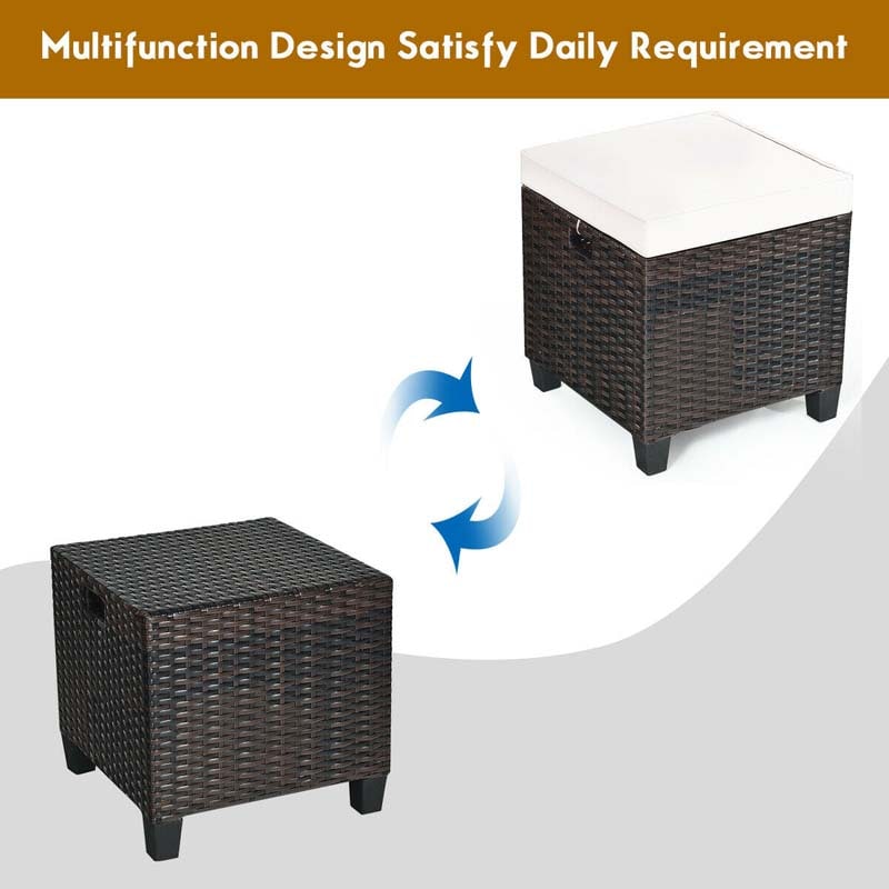 2 Pcs Rattan Patio Ottoman Set with Removable Cushions, All Weather Wicker Outdoor Footstool Footrest Seat