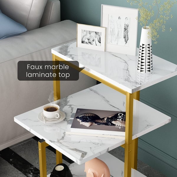 3-Tier Faux Marble Side Table， Small End Table with Storage Shelves， Sofa Side Table Bedside Table Nightstand for Living Room