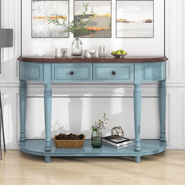 Retro Circular Carved Design Console Table with Open Style Shelf Solid Wooden Frame and Legs 2 Top Drawers (Antique Blue) - 52''