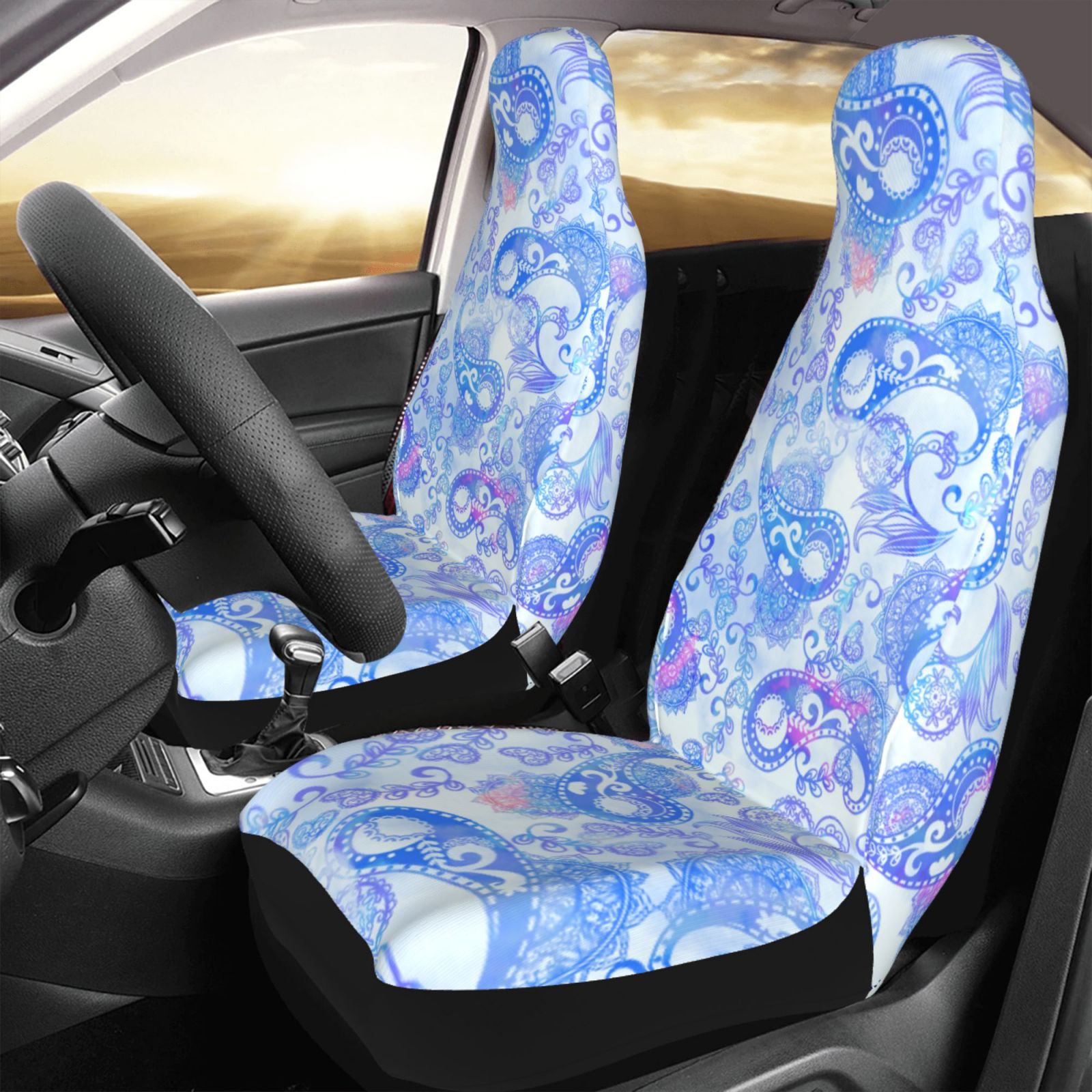 TEQUAN Front Seat Covers， Blue Watercolor Paisley Pattern 2 Piece Car Seat Cover Fit Most Car SUV Truck Van