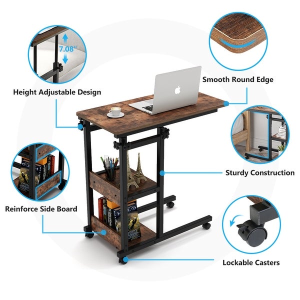Height Adjustable C Table， Sofa Side Tables， Mobile End Table with Storage Shelves