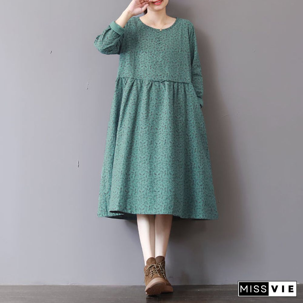 women green prints fall dress casual patchwork fall dresses New long sleeve maxi dresses