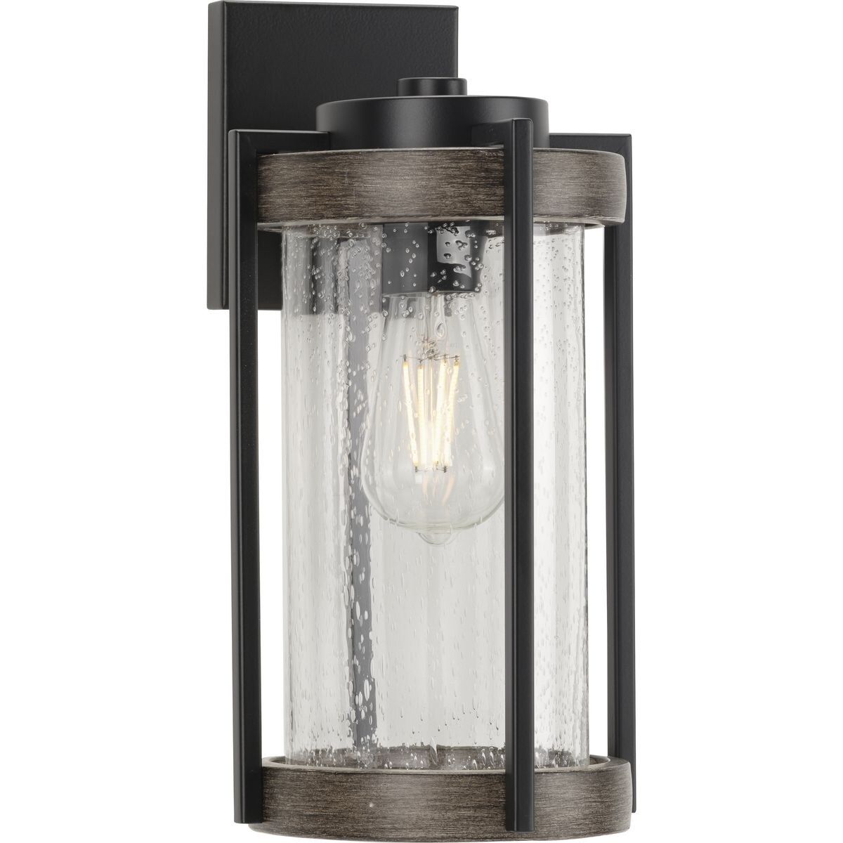 Whitmire Collection  One-Light Matte Black with Aged Oak Accents Clear Seeded Glass Farmhouse Outdoor Wall Lantern Light Shopping - The Best Deals on Outdoor Wall Lanterns | 38278135