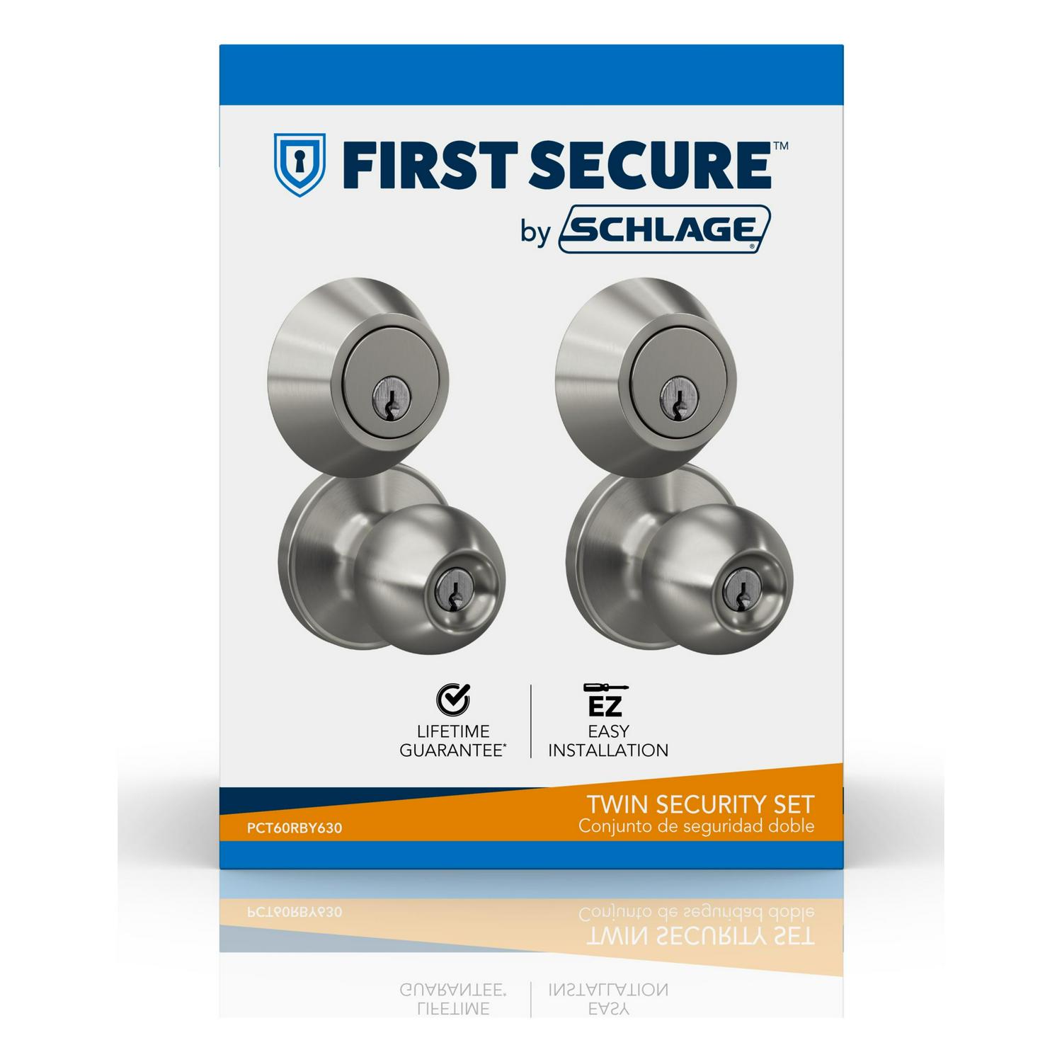 First Secure by Schlage Single Cylinder Door Deadbolt Lock and Keyed Entry Rigsby Door Knob Lock  Twin Pack in Satin Stainless Steel for Exterior Doors