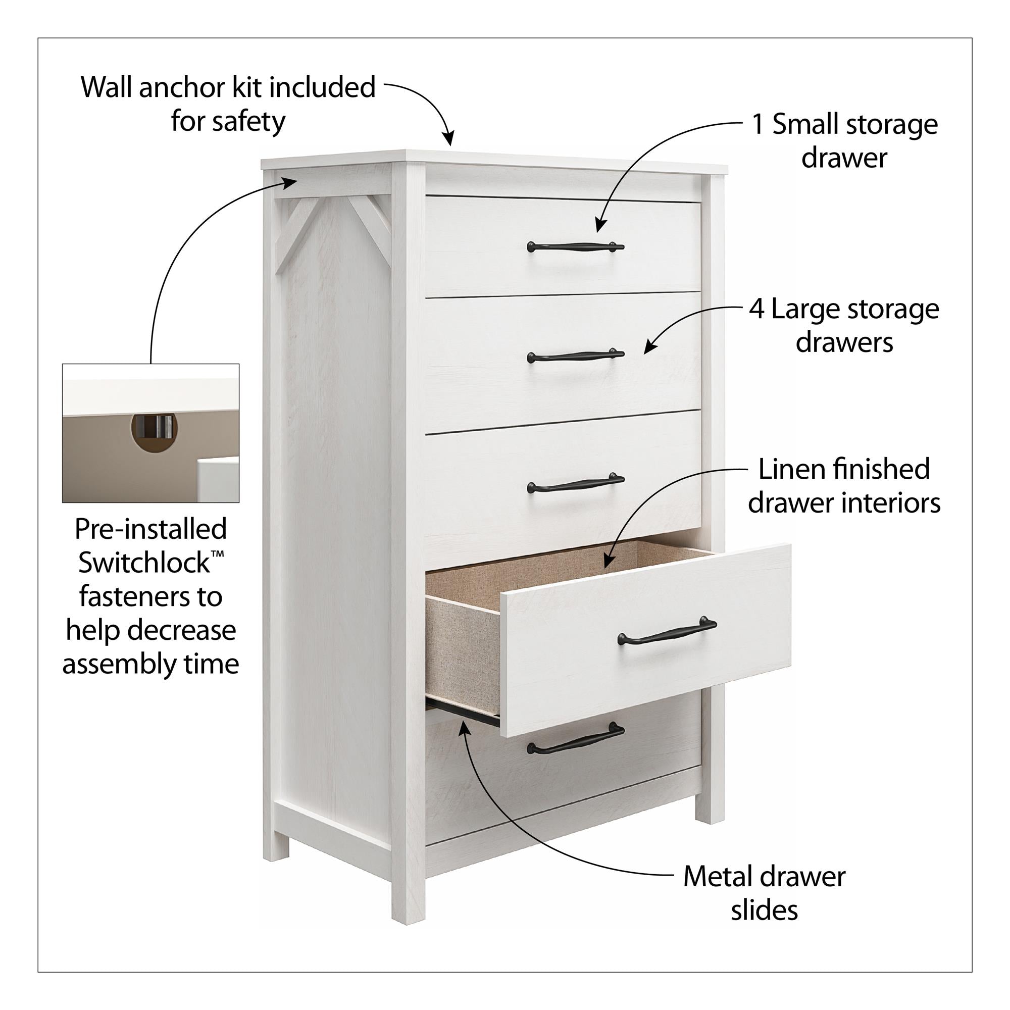 Ameriwood Home Abilene 5 Drawer Tall Dresser with Easy SwitchLock™ Assembly, Ivory Oak