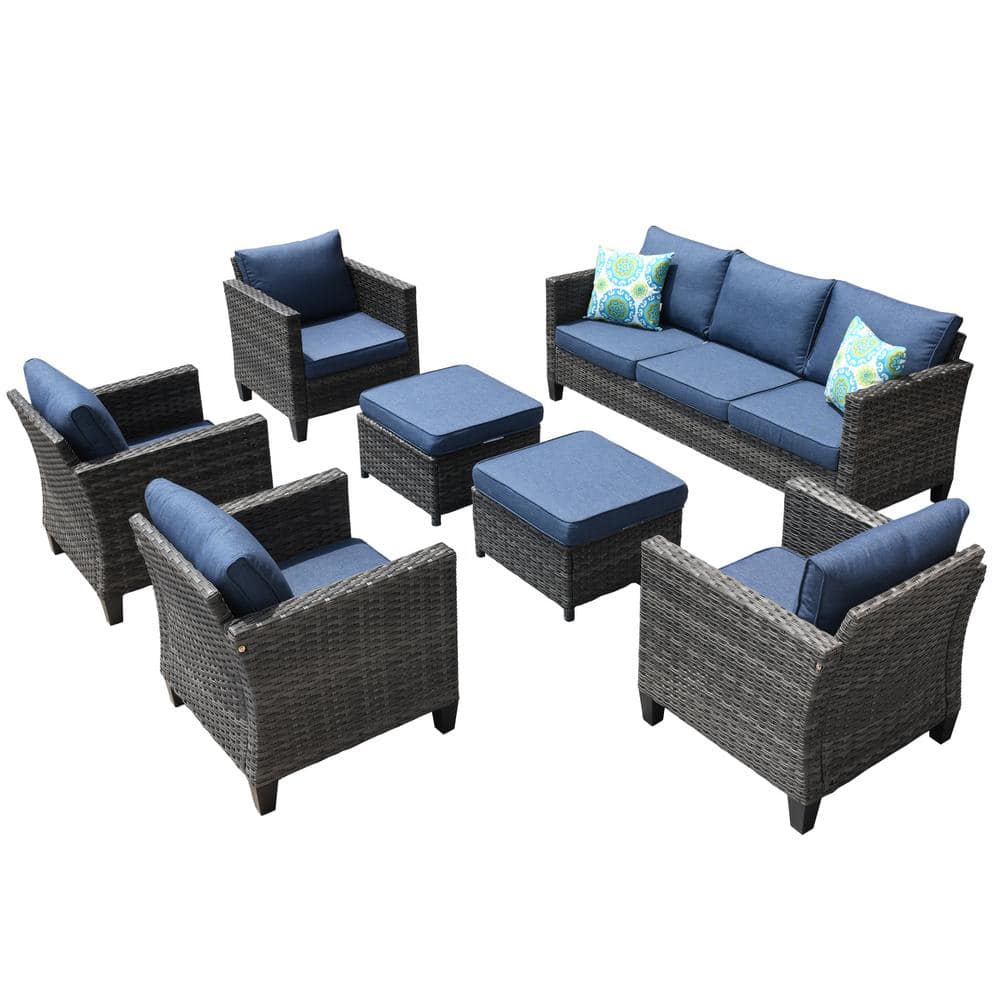 OVIOS New Vultros Gray 7-Piece Wicker Outdoor Patio Conversation Seating Set with Blue Cushions GRS3027