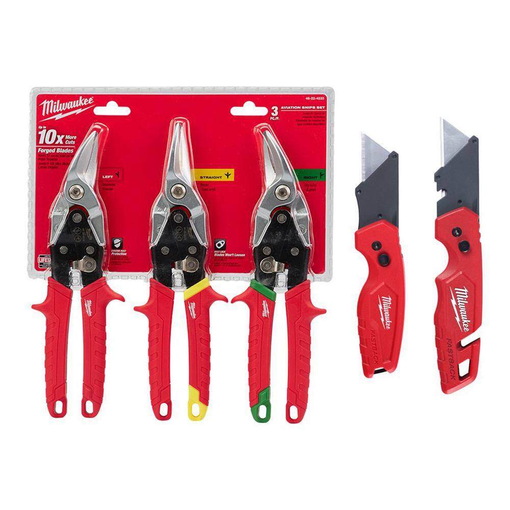 MW Left Right and Straight Aviation Snips with Utility Knife's (5-Pack) 48-22-4533-48-22-1503