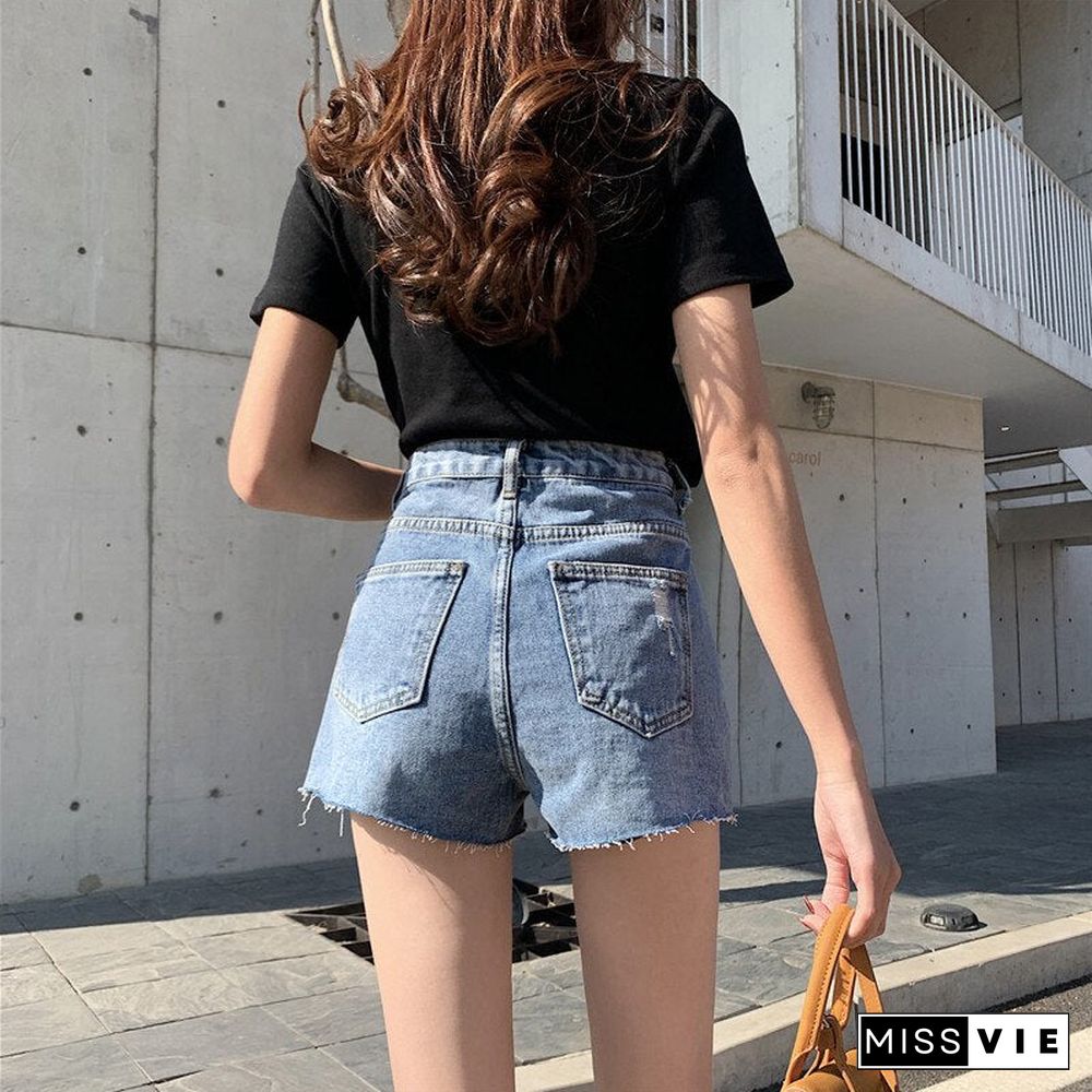 Woman Jeans Shorts Ripped Clothes High Waisted Summer Streetwear Baggy Wide Leg Vintage Fashion The New Blue Harajuku Pants