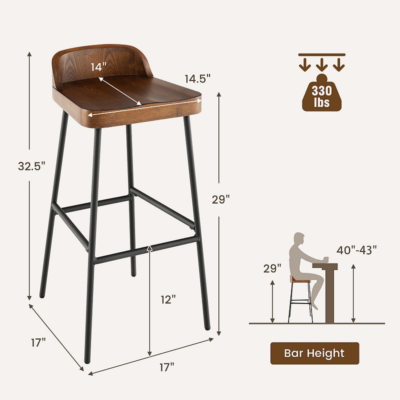 Set Of 1/2 29 Inch Industrial Bar Stools With Low Back And Footrests-1 Piece