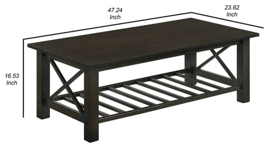 Viki 47 Inch Brown Coffee Table Crossed Accents Slatted Open Bottom Shelf   Transitional   Coffee Tables   by Homesquare  Houzz